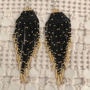 Dangle Seed Bead Black Gold Earrings Mid Century Modernist Boho.